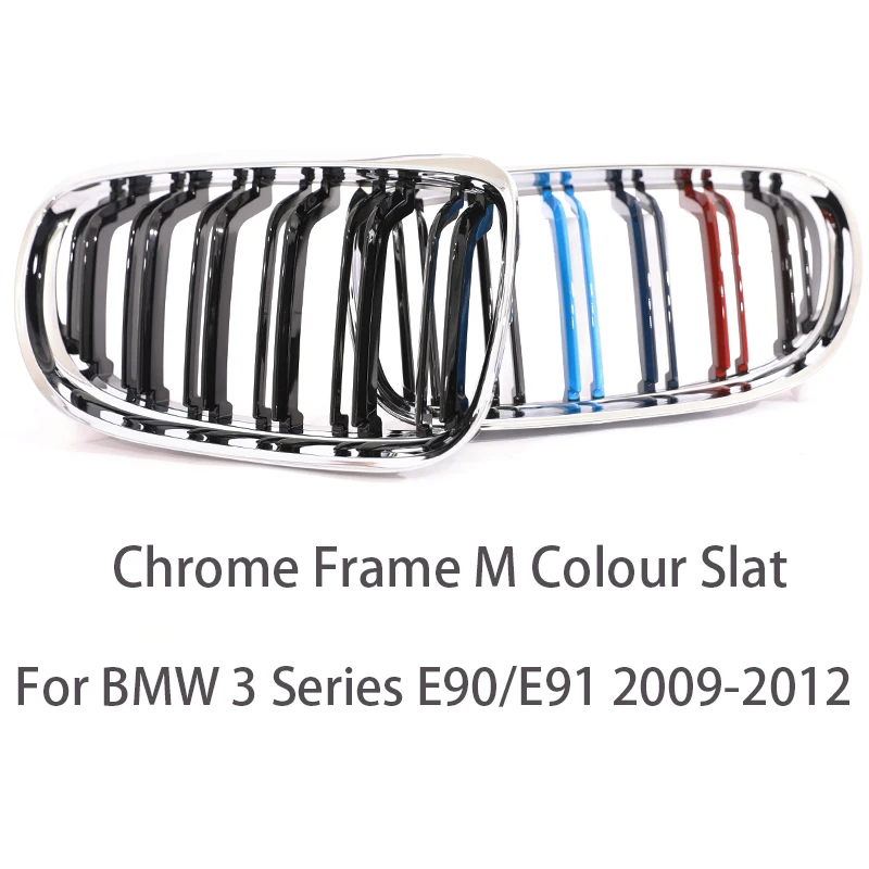 Carbon Fiber Print Grille Kidney Grill - Gloss Black & Chrome Silver Double Slat with M Color Accent