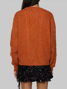 Orange Cable Knitted Women's Sweater Star Embroidery Cardigan Tops Trendy Casual Outerwear Vintage Autumn Tops Woman Casual Wear