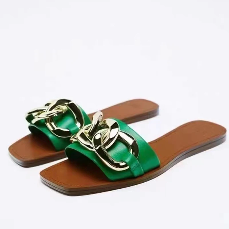 Traf Women's Slippers Green Sandals Woman Summer 2022 Metal Chain Luxury  Casual Flat Shoes Ladies Comfortable Designer Sandals - Women's Sandals -  AliExpress