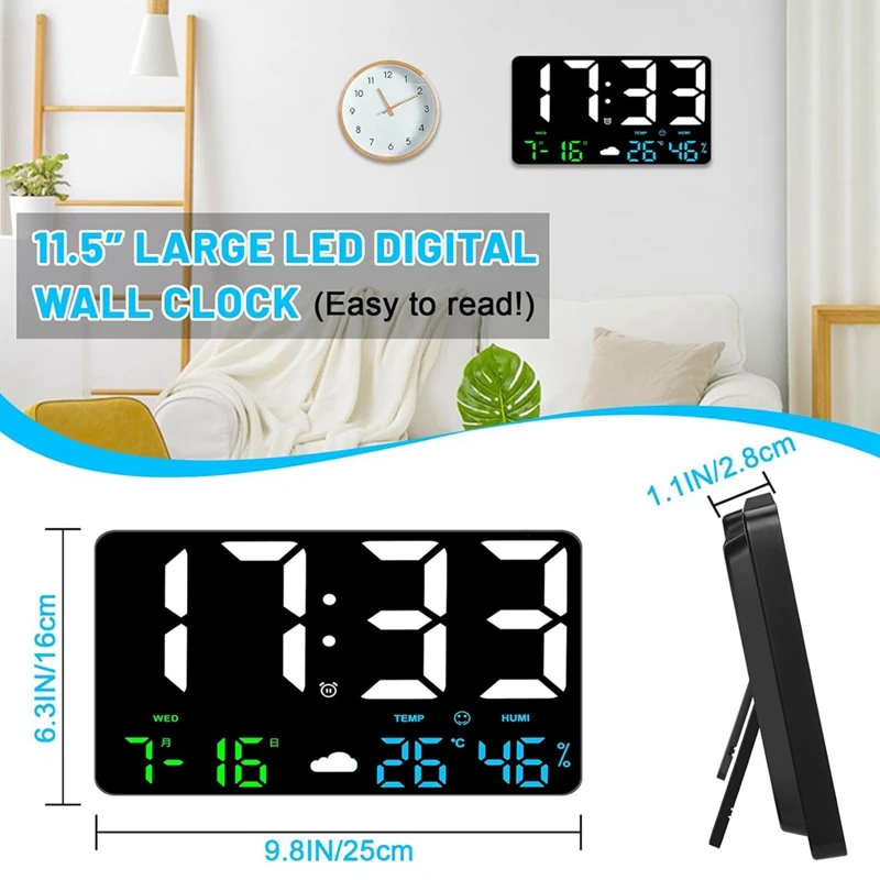 LED Digital Wall Clock with Large Display Alarm Clocks for Bedrooms with Weather Station USB 11.5"