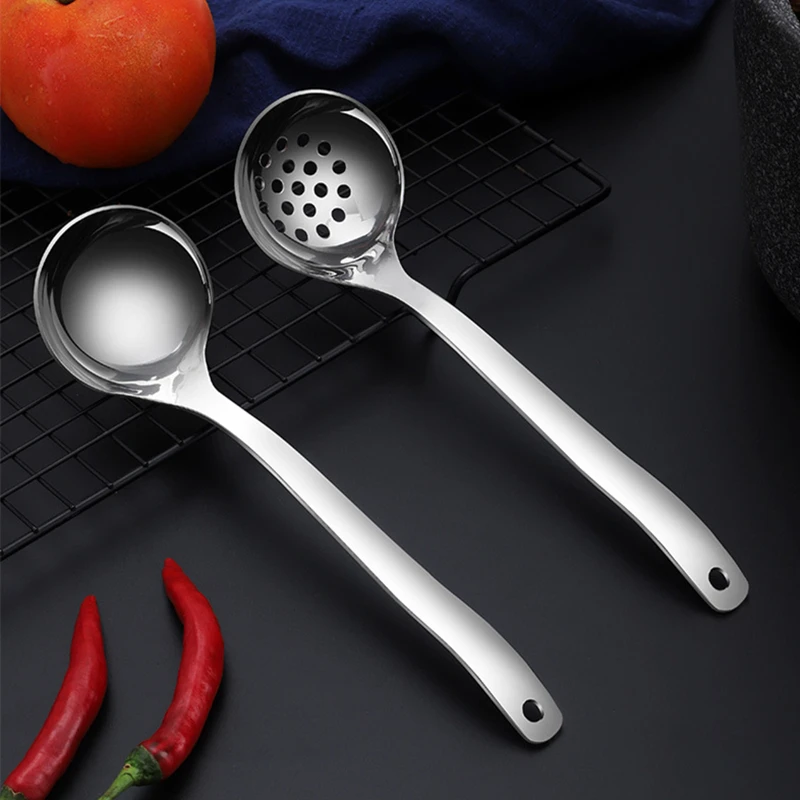 

New Long Handle Colander Soup Ladle Spoon Stainless Steel Tableware Fine Holes Skimmer Japanese Tablespoons Home Kitchen Gadgets
