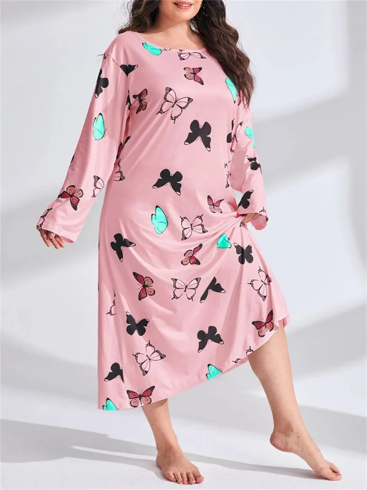 Spring Summer Women's Oversized Pajamas Dresses Long Sleeve Butterfly Heart Leopard Print Nightgown