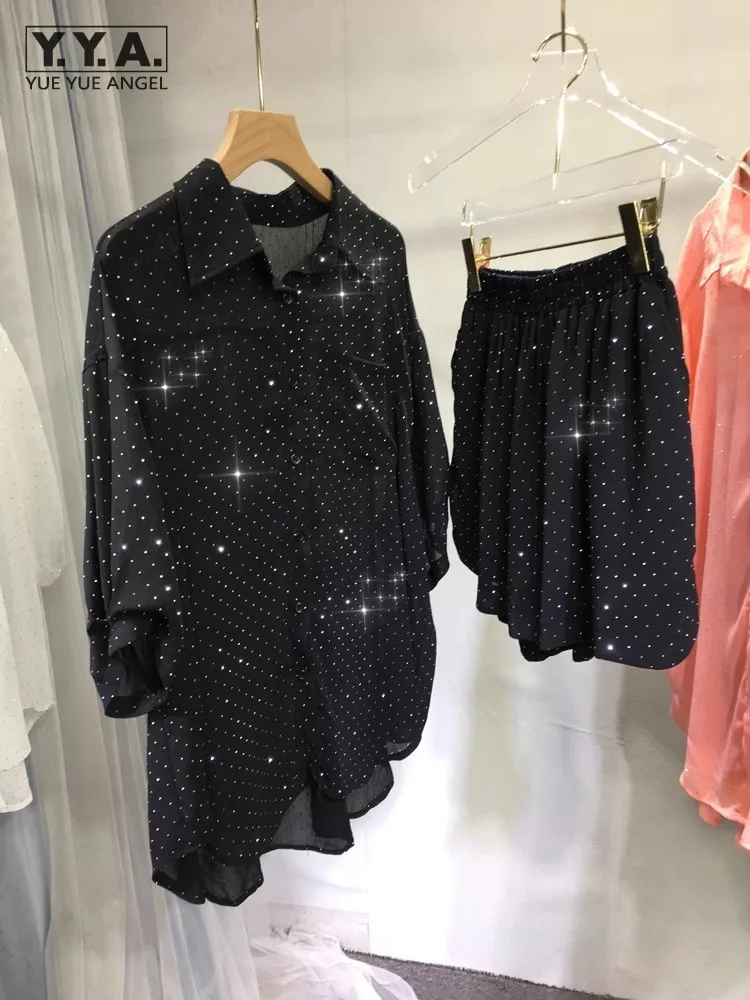 

Women Summer Solid Color Casual Two Piece Set Loose Rhinestone Chiffon Shirt Elastic Waist Shorts Fashion Matching Sets Female