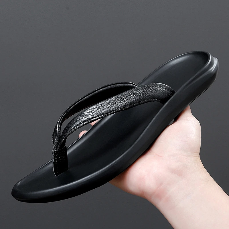 Summer Mens Luxury Genuine Leather Flip Flops Slippers For Men High Quality Flat Slippers Minimalist Size 38-44 Dropshipping — view 4