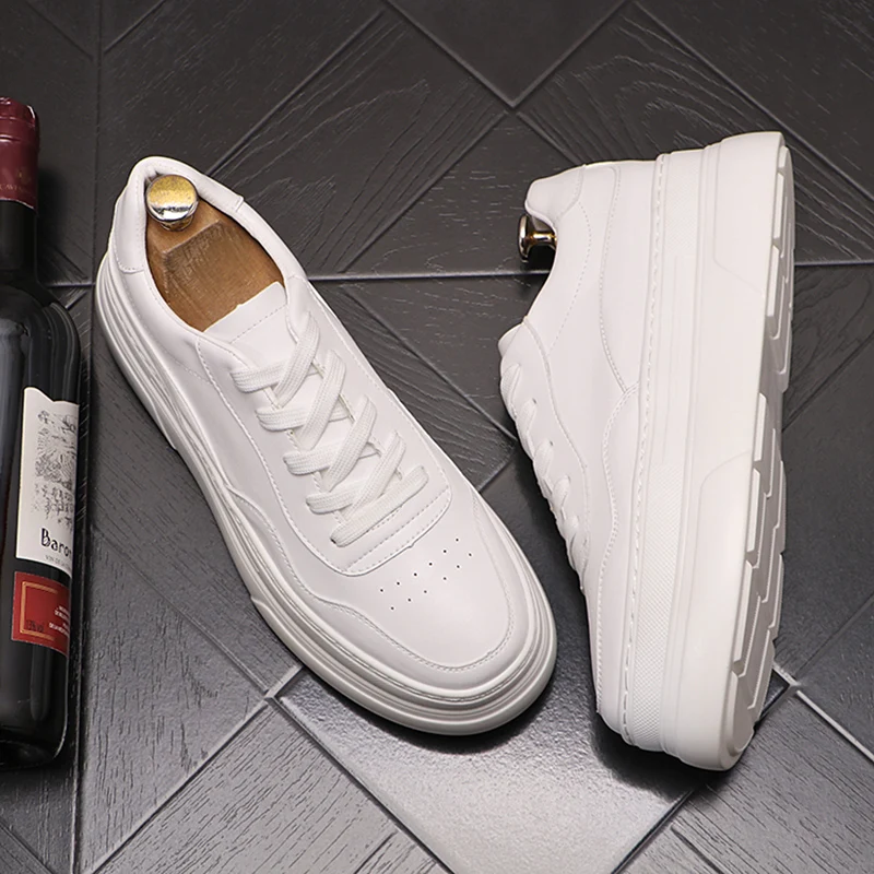 

Korean style men casual original leather shoes lace-up flats shoe young streetwear platform sneakers trend white footwear zapato