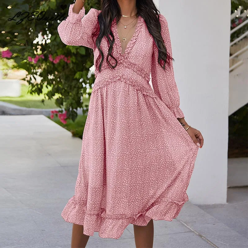 

Women Fashion Pink Floral Print Ruffles Dress Casual Vintage Boho V Neck High Wasit Long Sleeve Dress 2021 New Summer Vestidos