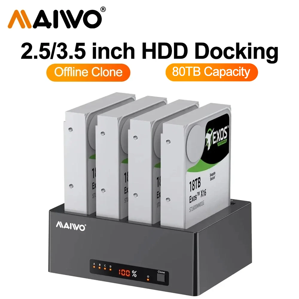 

MAIWO 4 Bay USB 3.0 2.5"/3.5" SATA SSD/HDD Hard Drive Docking Station Offline Cloner LED Screen Display External Hard Disk Dock