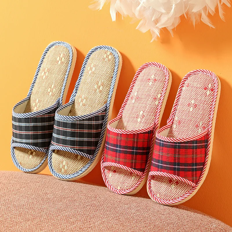 Summer Eva Soft Sole Linen Indoor Slippers For Men Women Simple Non-slip Wooden Floor Slides Comfort Plaid Home Slipper Shoes 2