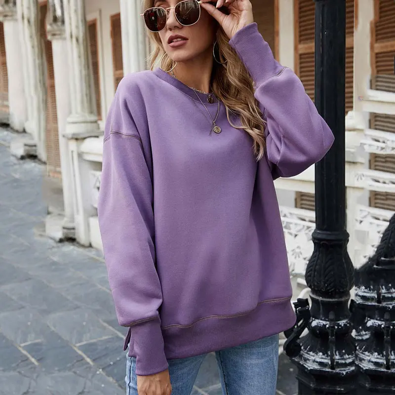 2022 Autumn Hem Slit Fleece Round Neck Sweater Women Winter Warm Fleece Sweater Women Long-sleeved Thick Loose Sweater Women