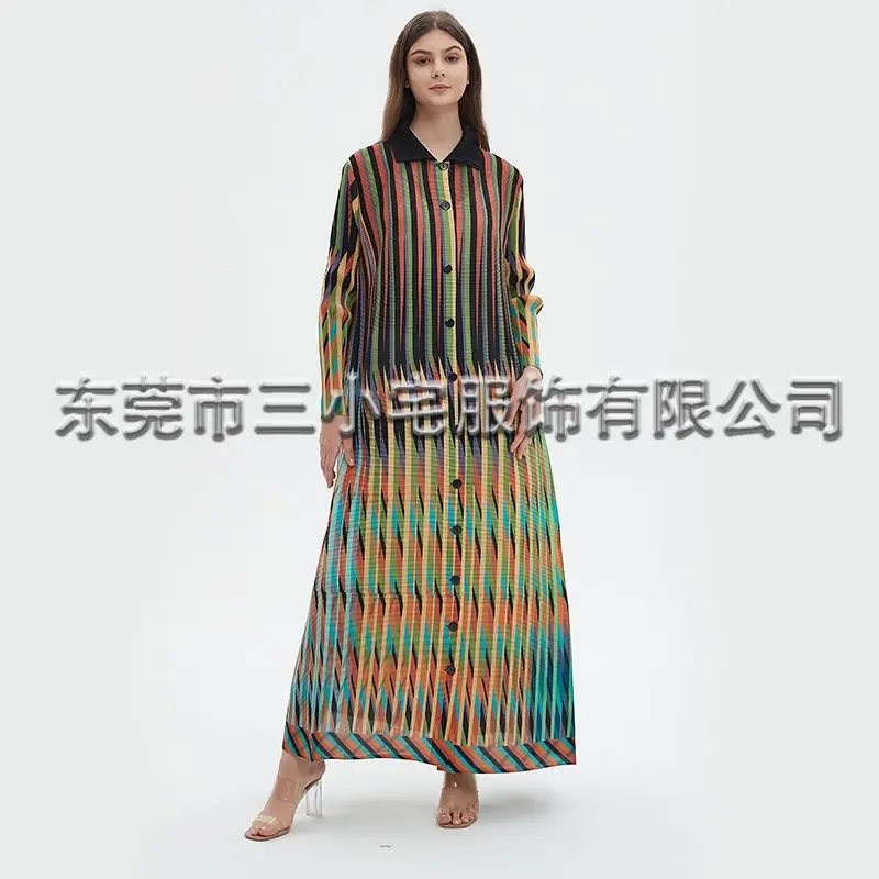 용수철 싱글 브레스트 플리츠 우아한 스트라이프 프린트 원피스 여성 가디건 재킷 의류, 2024 여름 신상