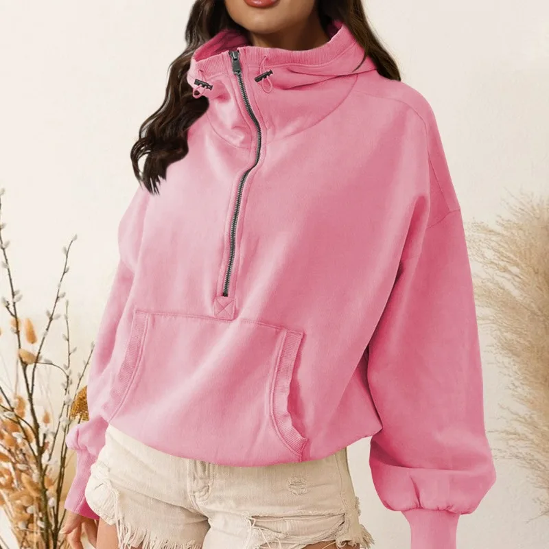 Autumn and Winter Women's Pullover Hooded Zipper Drawstring Pocket Solid Shirring Long Sleeve Sports Sweater Fashion Casual Tops