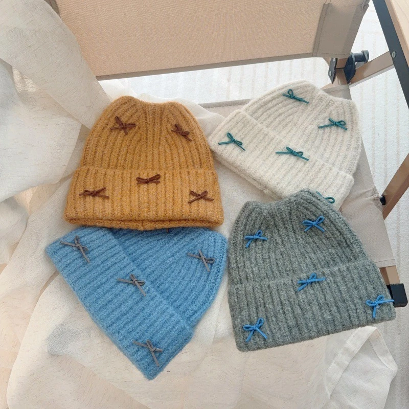 Sweet Bow Thickened Children's Woolen Cap Winter Versatile Knitted Hat Baby Ear Protection Hat Kids Winter Warmer Accessories