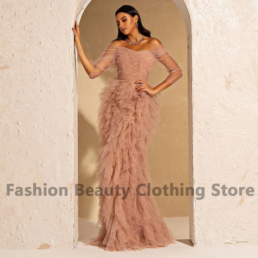

Fashion Tulle Prom Dress Off The Shoulder Ruffle Tiered Zipper Dubai Women Sweep Train Vestidos Para Mujer Elegantes Y Bonitos