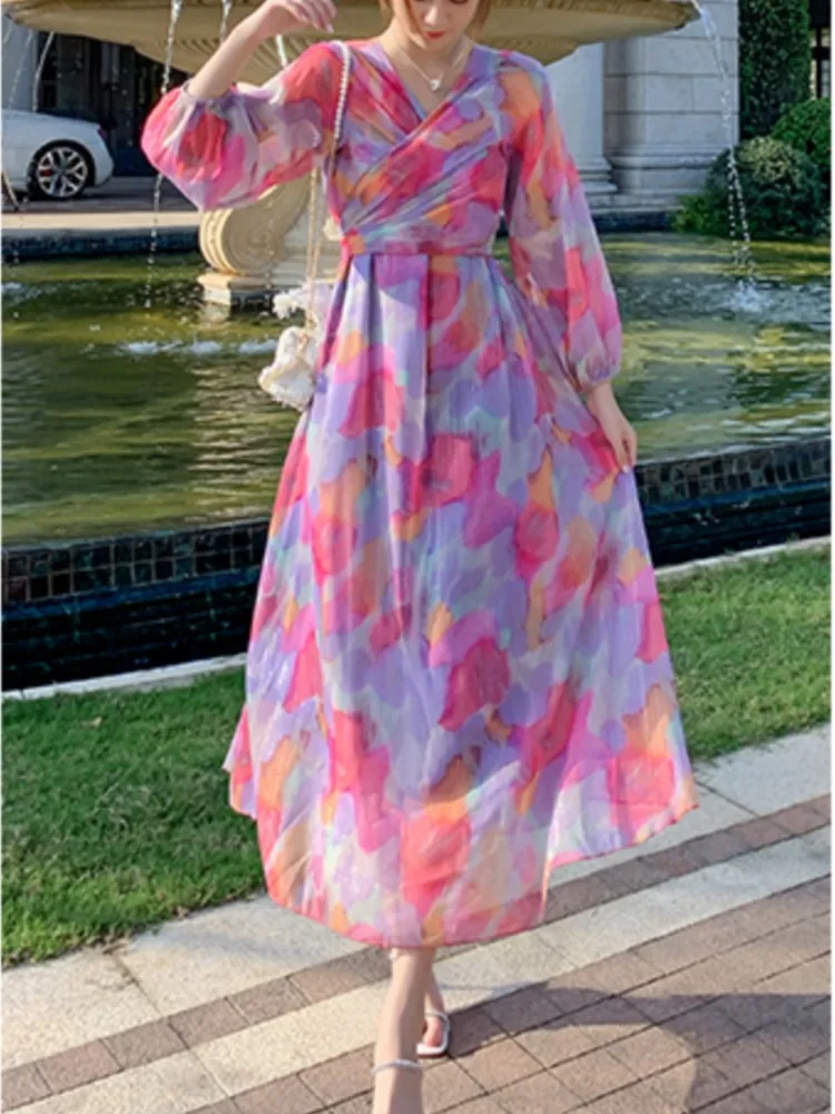 

New 2022 Autumn Print Dresses For Women Elegant Bohemian Robe Sexy V-Neck Lace Up Slim A-Line Vestido Harajuku Mujer Clothing