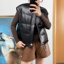 

2022 Winter New Genuine Leather Coat Sheep Skin Aircraft Buckle 90% White Duck Down Vest Short Leather Down Jacket