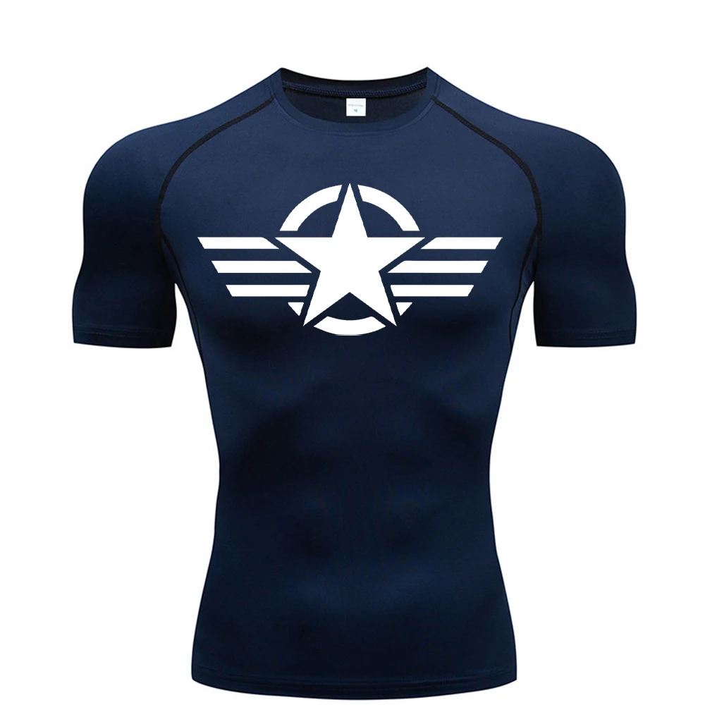 Herren-Kompressionsshirt mit fünfzackigem Stern-Aufdruck, kurzärmeliges Sommer-Schnellhemd, Lauf-T-Shirt für das Fitnessstudio, Sport-T-Shirt-Oberteil