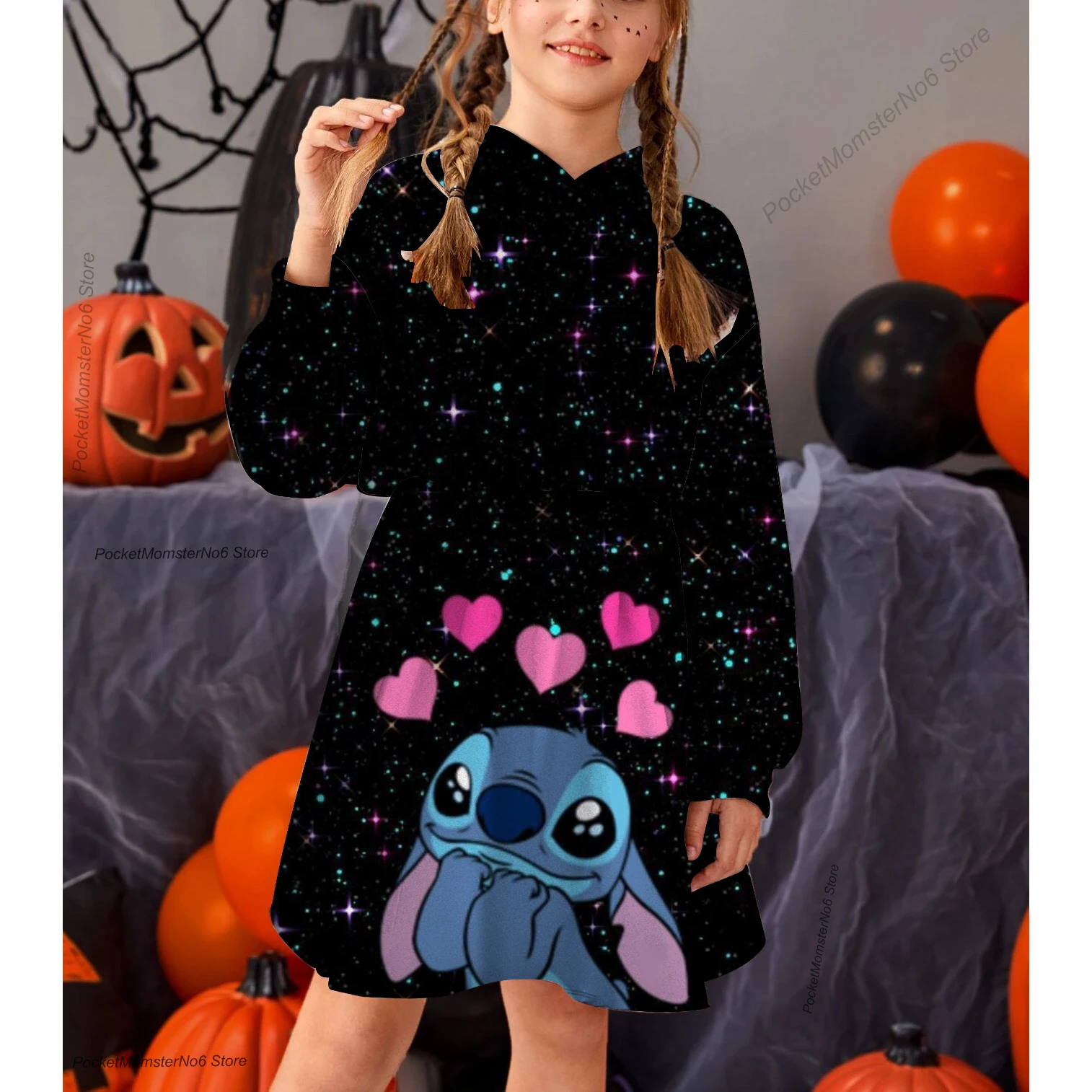 2022 Spring and Autumn New Cartoon Casual Hoodie Kids Dress Print Disney Stitch Long Sleeve Girls Dress 6-14Y