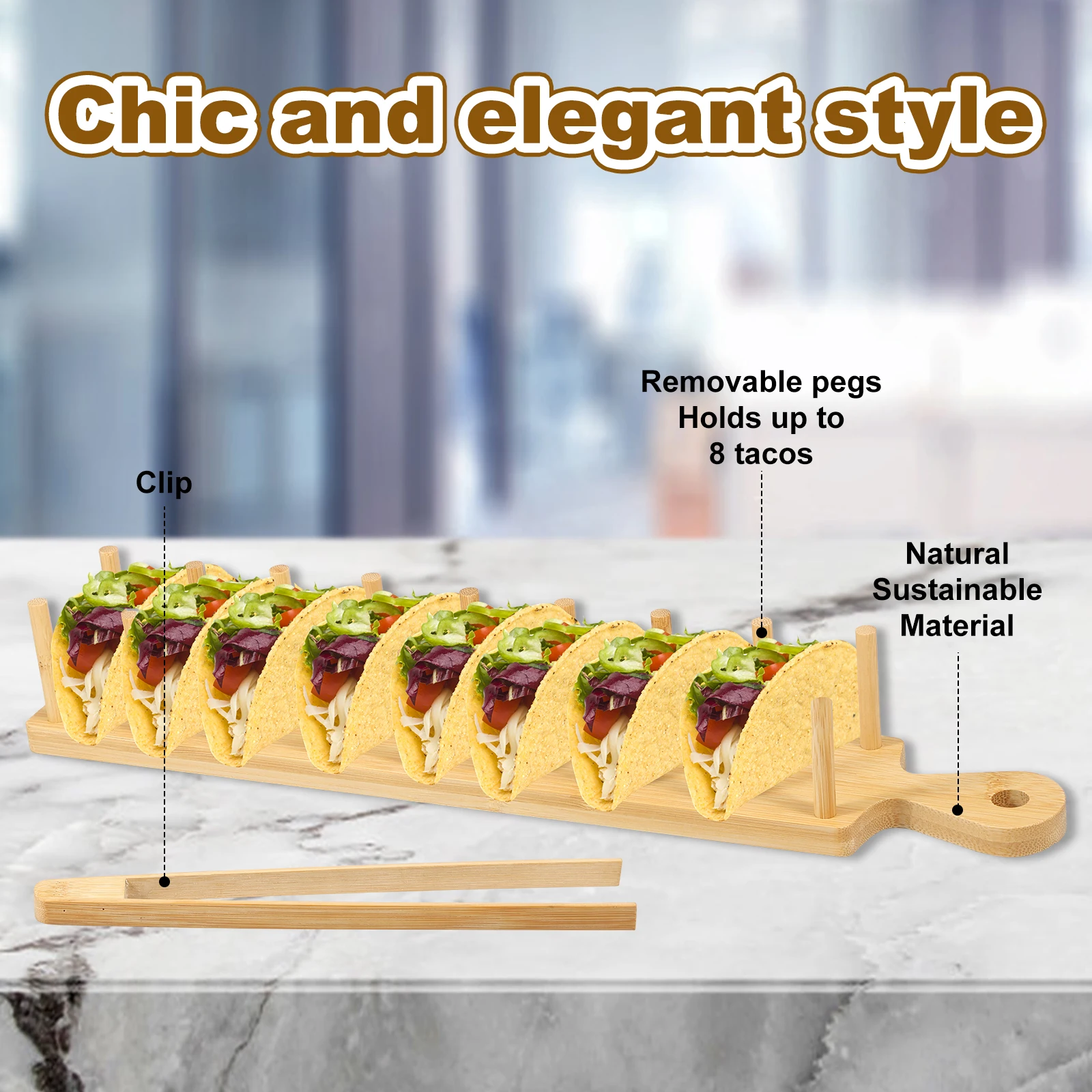Bamboo Taco Tray with Tong Rectangular Taco Holder Holds Potato Chips Corn Roll Rack Tortilla Burritos Shelf for Home Kitchen
