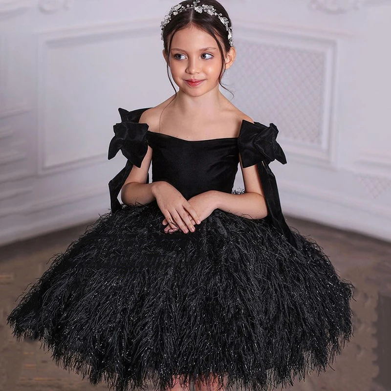 

Modern Off-shoulder Black Flower Girl Dresses with Bow A-line Princess Mini Prom Party Gown for Kids Short Dance Dress