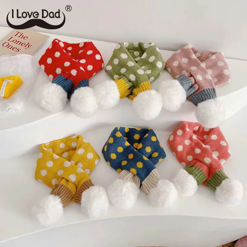 Korean Dot Print Kids Scarf Winter Warm Knitted Scarves for Toddler Boys Girls Cute Faux Fur Pompom Children Cross Neckerchief