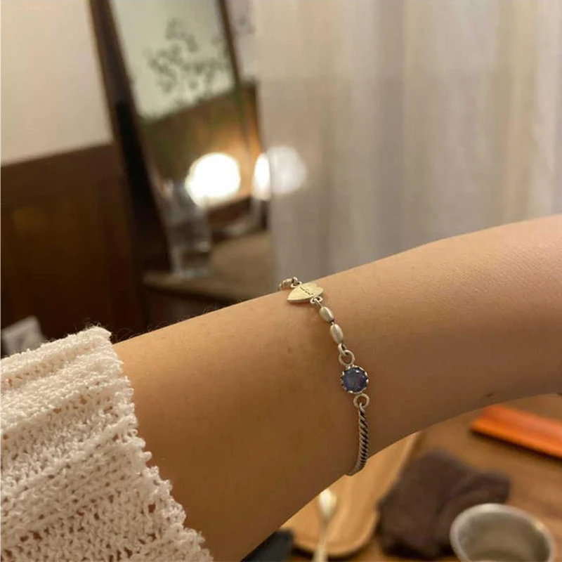 Neues 925er Silber, mattes Retro-Silber, Naturstein-Schnur, eingelegtes Vintage-Armband für Frauen und Mädchen, eleganter, zarter, feiner Schmuck, Geschenk – Detail 4