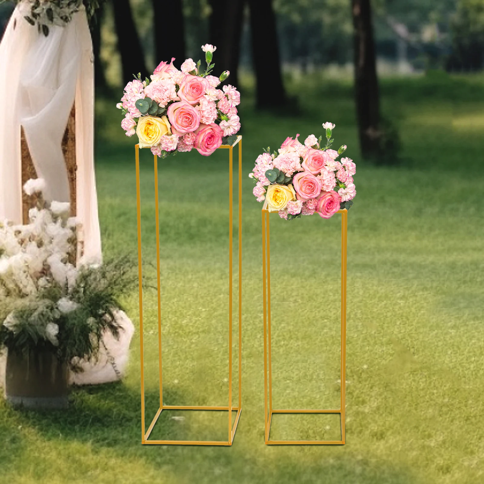 Set of 2 Gold Flower Stand for Wedding Metal Column Vases Stand Rectangular Flower Display Rack for Wedding Party Birthday Event