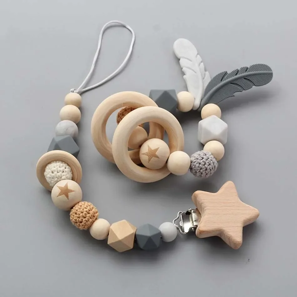 Pacifier Clip Baby Pacifier Clip Chain Dummy Holder Nipples Children Pacifier Clips Teether Teething Toy Cartoon Wooden Bracket