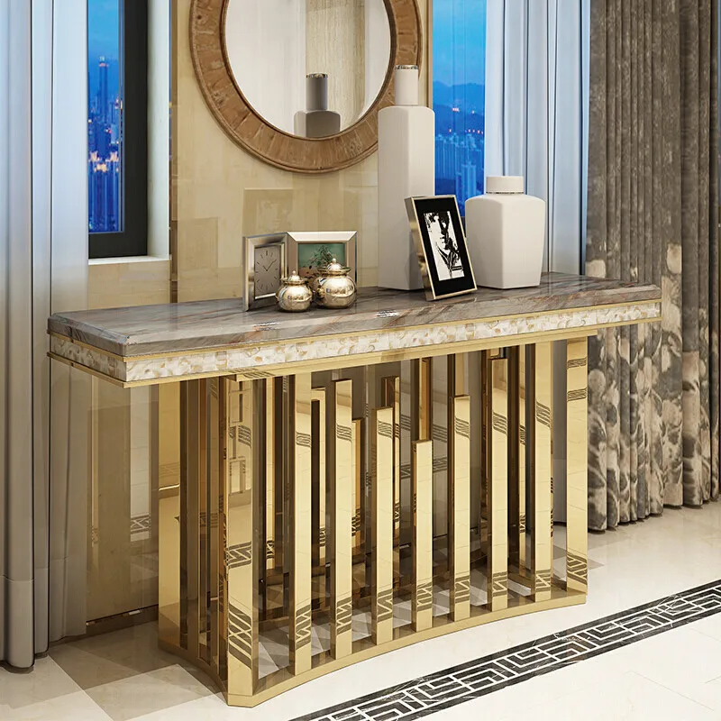 MINGDIBAO Dining Side Table with Sticking Seashells, Natural Marble Stainless Steel End Table, Handmade Coastal Style Furniture