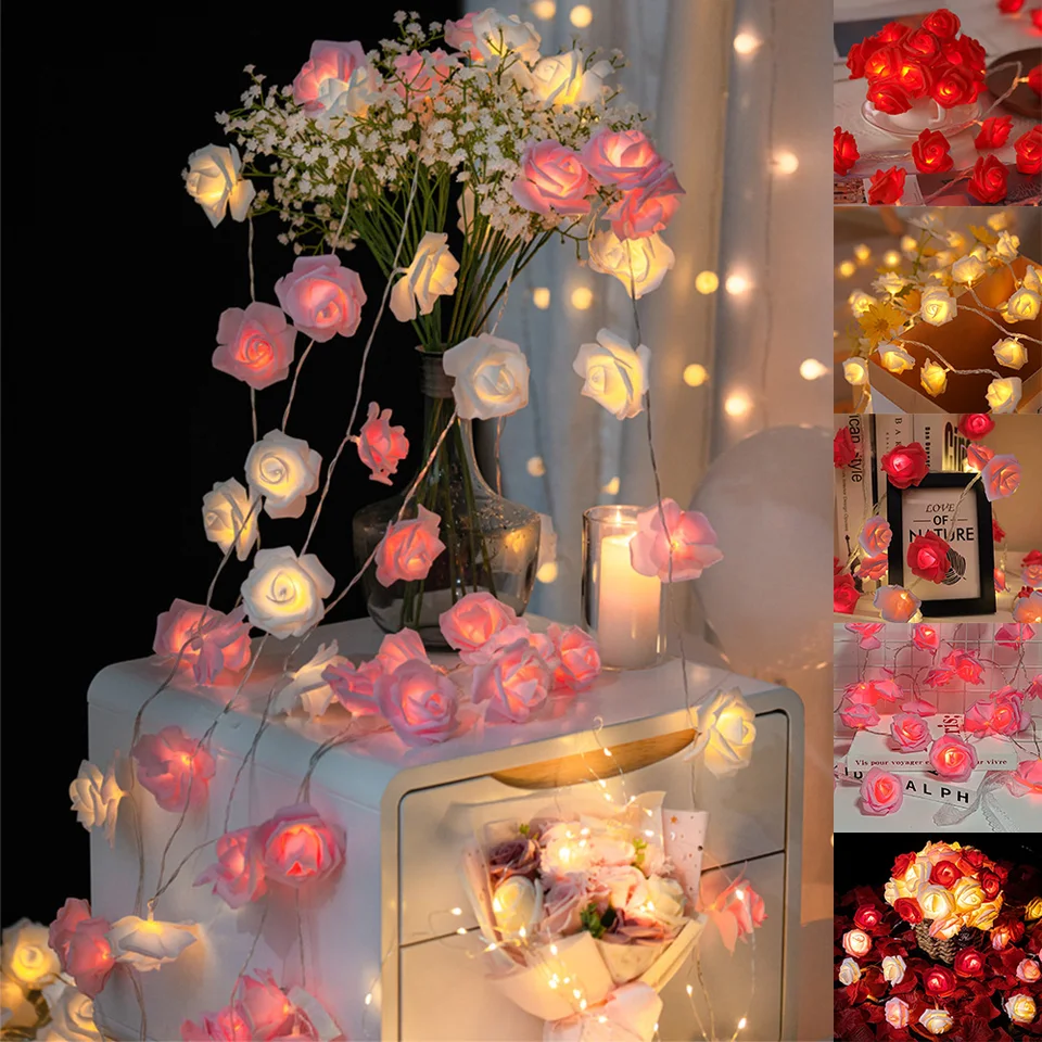 Relaxdays Catena Luminosa A LED Con 20 Rose Finte, Luce Calda, Batteria, Cavo Trasparente - Decorazione Romantica Per Matrimoni, San Valentino, Casa, Giardino