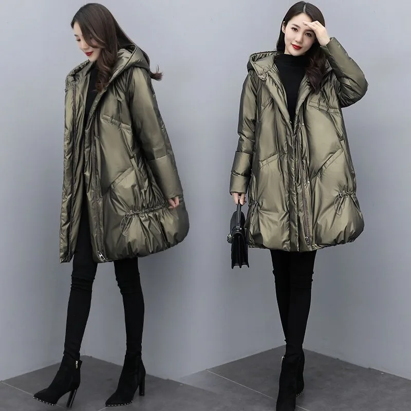 2023 New Women Down Cotton coat Winter Jacket Female mid-length hooded Parkas small fellow thick Outwear shiny surface Overcoat