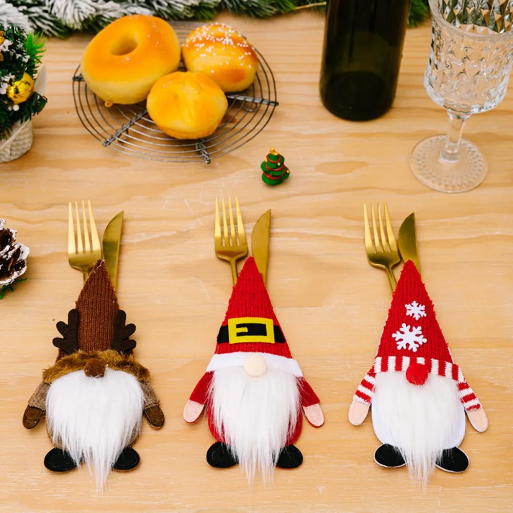 

New Christmas Knife Fork Holder Gnome Snowflake Elk Pocket Cutlery Bag Non-woven Fabric Tableware Organizer Table Decorations