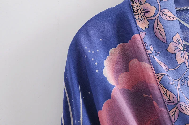 Bohemian Kimono Women V Neck Batwing Sleeves Floral Print Sashes Short Robe japanese kimono clothes