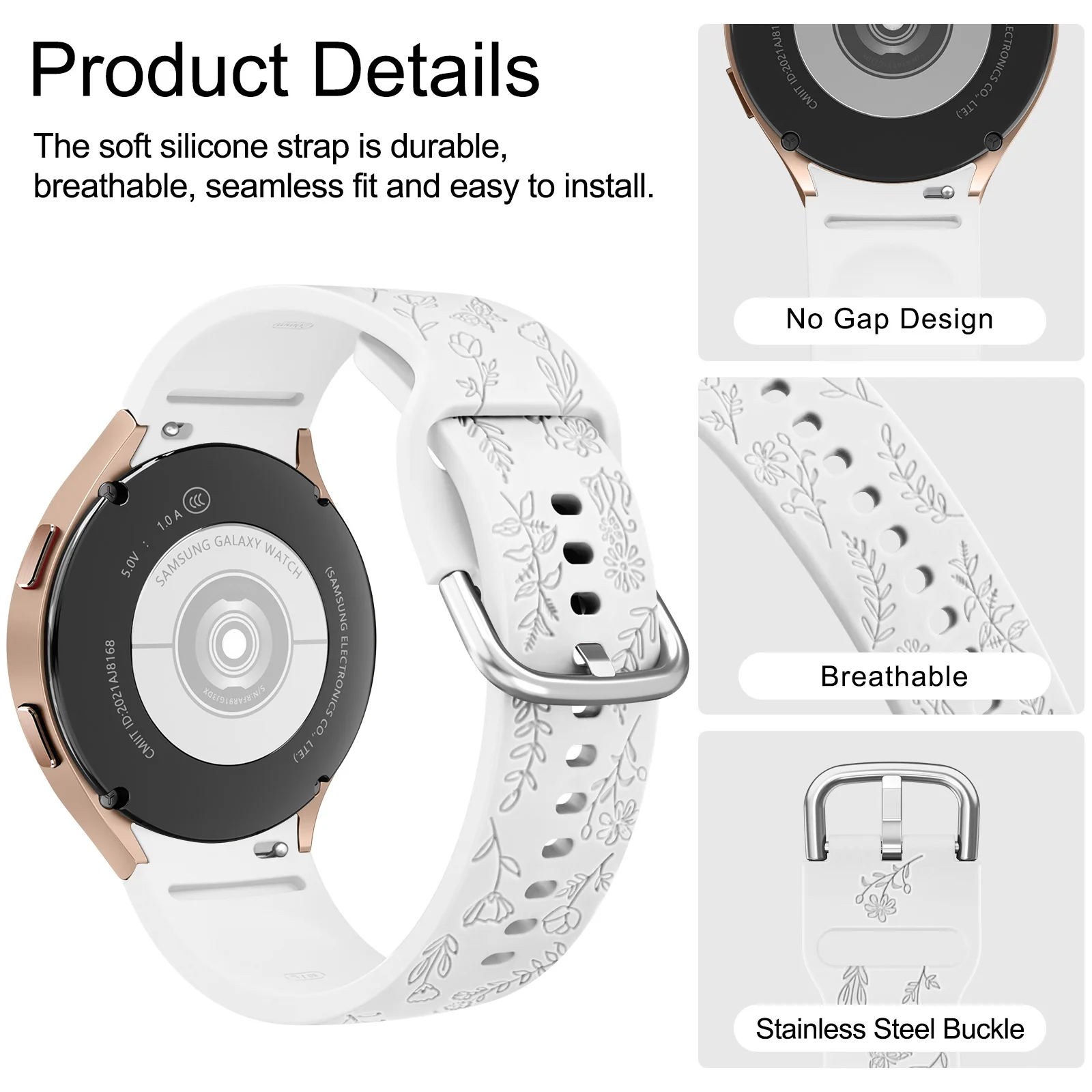 Floral Engraved 20mm Watchband Strap