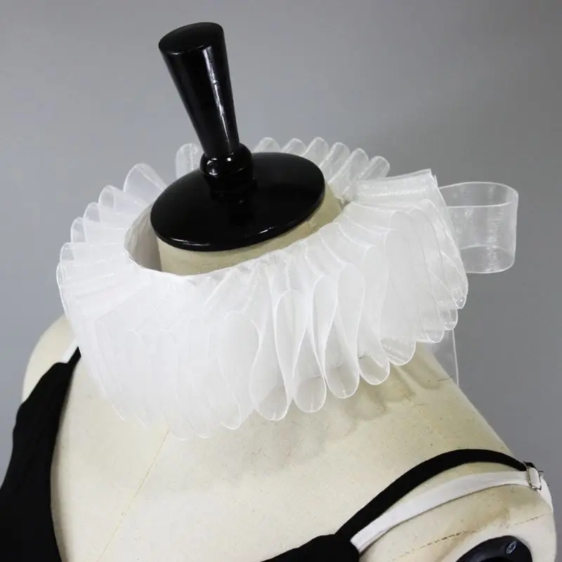 

Womens Renaissance Elizabethan Ruffled Fake Collar Chiffon White Clown Neck Ruff Victorian Halloween Cosplay Costume