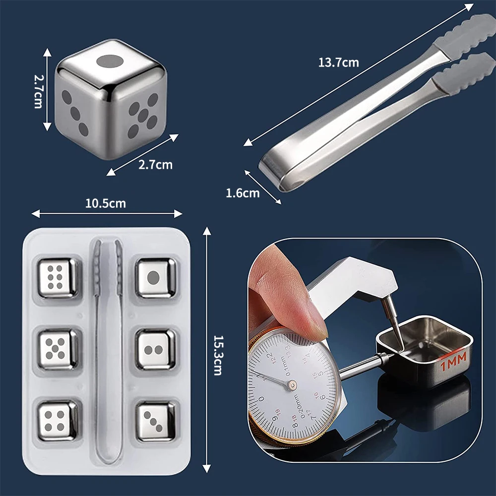 Stainless Steel Dice Ice Cube Whiskey Stones Reusable Ice Cubes for Freezer Storage Tray Metal Wine Drinks Cooler with Clips