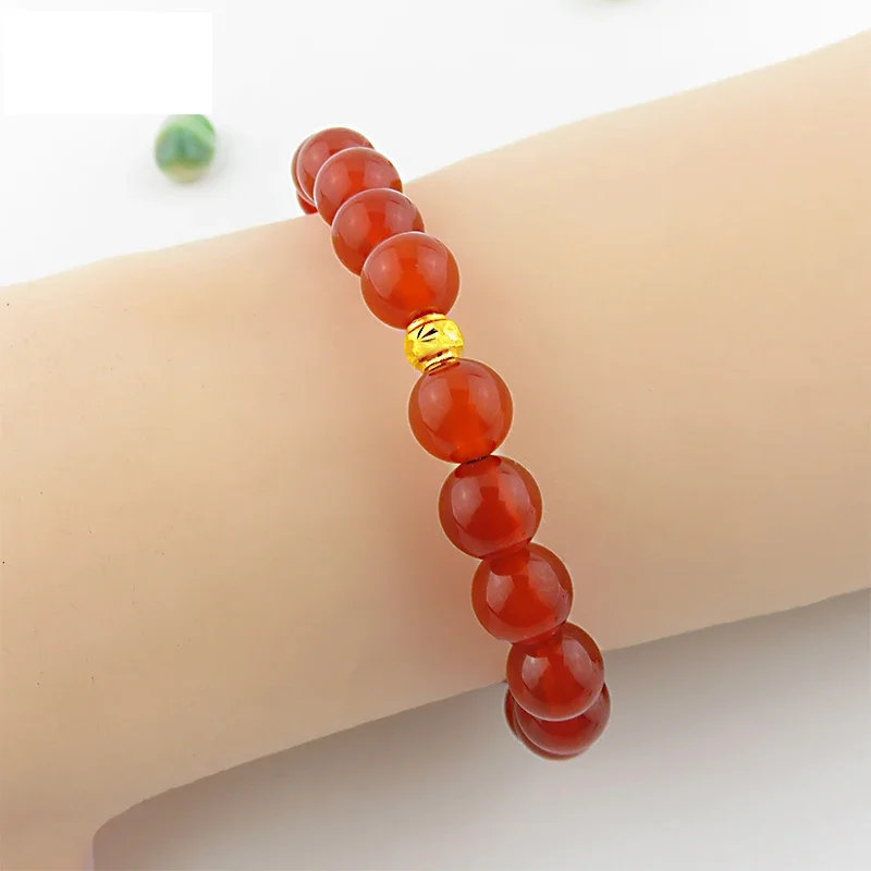 

Pure 24K 999 Yellow Gold Bracelet Carved Luck Bead Women Red Agate Round Bangle 6.3inchL Hot fashion Bracelet