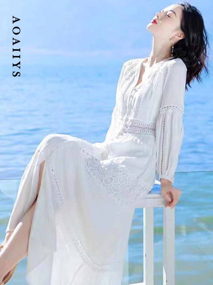 

Aoaiiys Dresses for Women Dress 2023 Autumn Winter Lace Casual V-Neck Chic Slim Solid High Waisted Clothing Ankle-Length Dresses