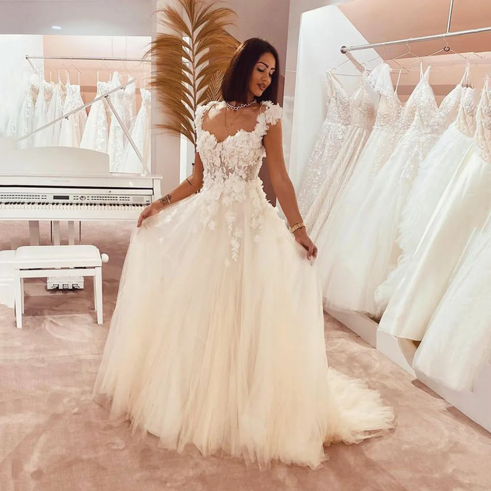 

Msikoods Ivory Lace 3D Flowers Wedding Dresses Appliques Sleeveless Dubai Bridal Gown For Women Vestidos De Noiva Mariage Custom