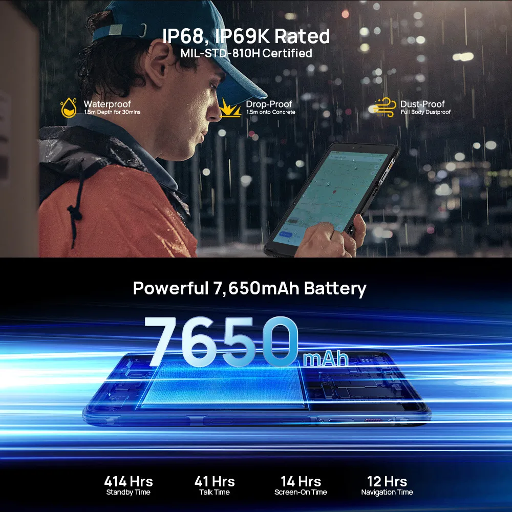 Ulefone Armor Pad Rugged Tablet 4GB RAM 64GB ROM 7650mAh 8.0'' HD+ Display 4G Android 12 Tablet Phone IP68/IP69K 13MP Camera 3