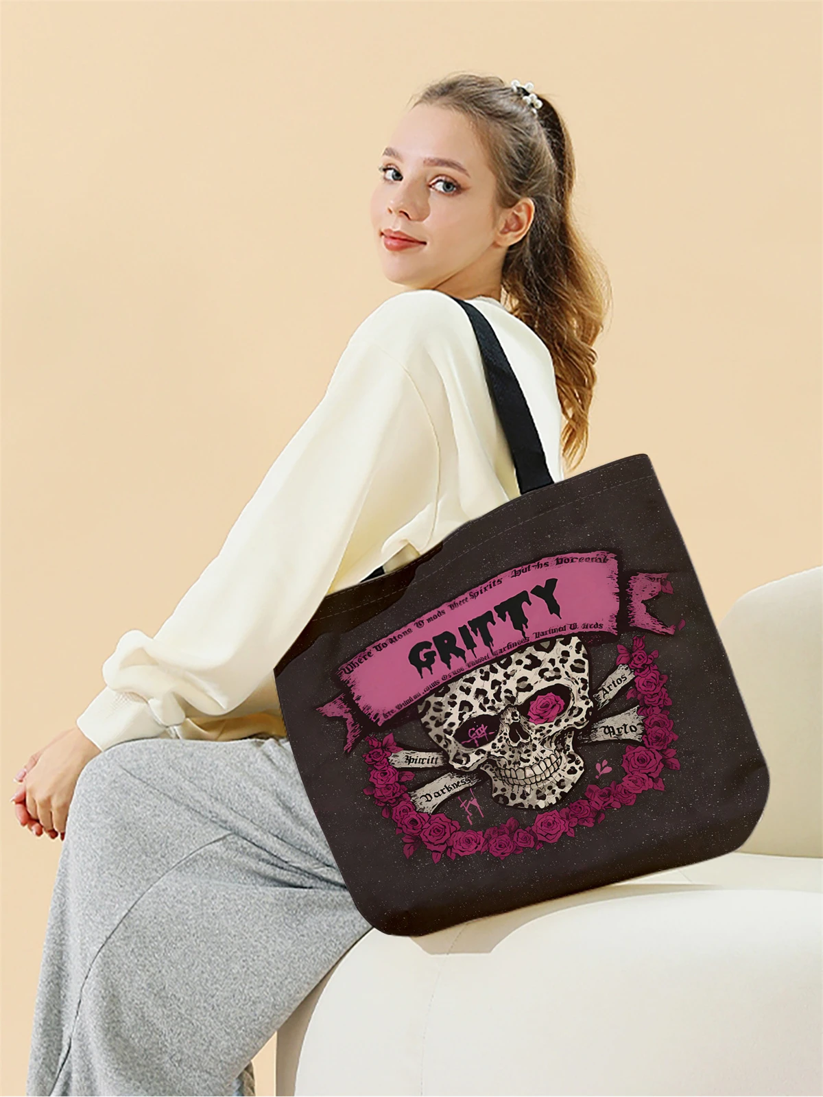 1pc,Halloween skeleton handbag, reusable fashionable handbag, multifunctional handbag, printed canvas shopping bag