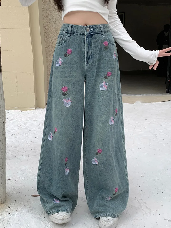 女性のためのバギーブルージーンズ,ワイドレッグパンツ,カジュアル