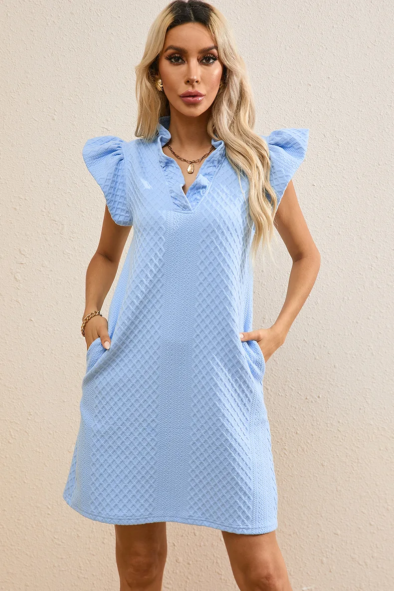 

2024 Summer New V-neck Ruffle Sleeves Mini Dress Simple And Versatile Loose Short A-line Skirt For Women Vestidos