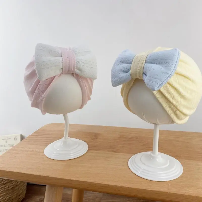 Spring Cotton Baby Girls Beanie Hat Lovely Hat with Bow Newborn Photography Props Turban Soft Cap Headwear for Infant 6-12M