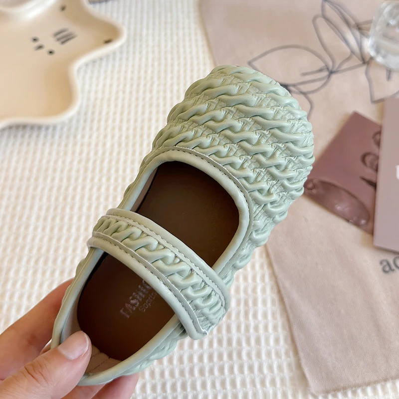 Girl's Princess Shoes Pleated Green Beige Soft Pu Leather Children Flat Shoe Daily Spring Morden Hook-loop Kids Mary Janes
