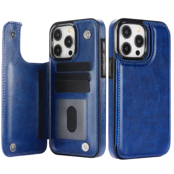 Flip Case PU Leather Wallet With Card Slot - Stand For iPhone 12 - 16 - Pro Max - Blue