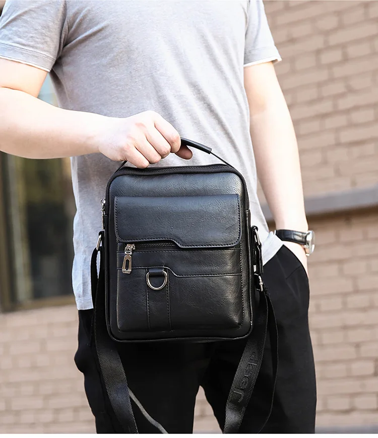Men Shoulder Bag PU Waterproof Retro Business Fashion Handsome Multi Layered Divided Crossbody Large Capacity Handbags