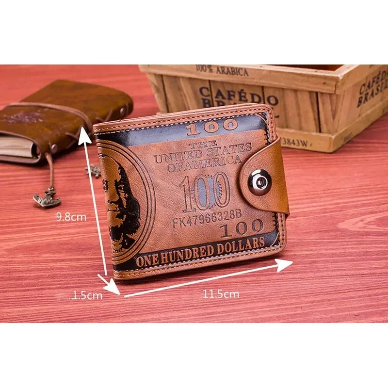 Mens Leather Wallet - 100 Dollar Pattern Zipper Coin Pocket Card Holder
