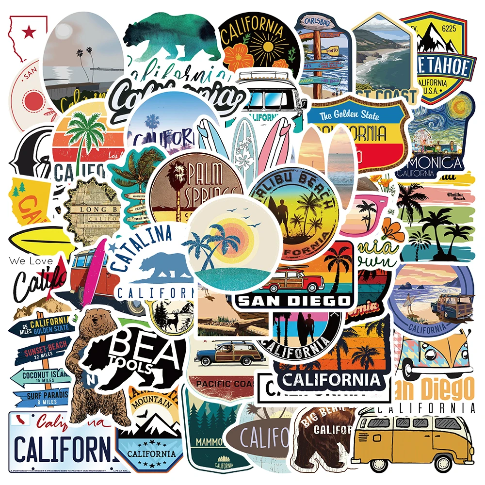 50pcs Outdoor California Landscape Cartoon Stickers Waterproof Graffiti For Laptop Luggage Water Bottle Bicycle Car Decals
