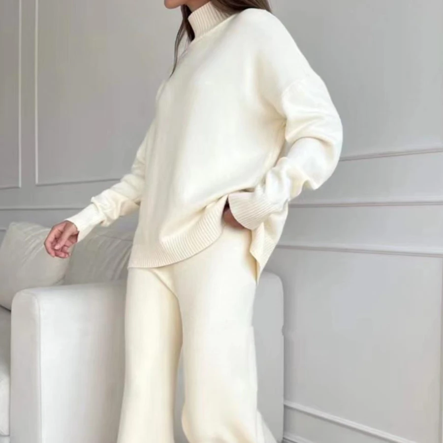 

Fashion Solid Turtleneck Knit Pants Sets High Waist Casual Wide Leg Pants Long Sleeve Two Piece Set Loose Elegant Women's Sets