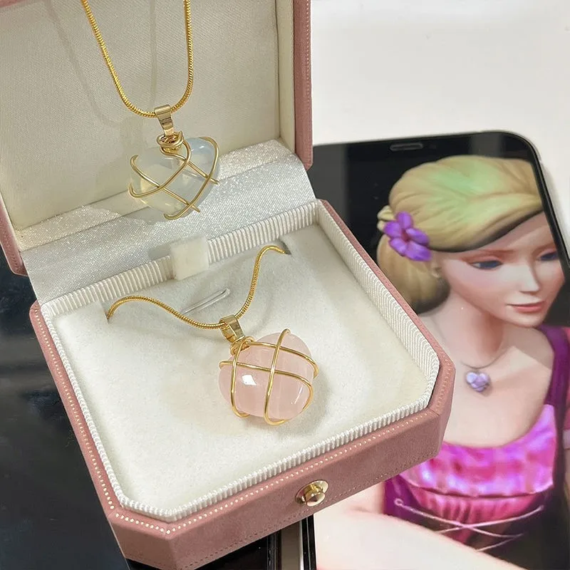 2022 Fashion Opal Heart Necklace Crystal Castle Necklace For Woman Girls Rose Quartz Barbie Necklace Jewelry Accessories Gift images - 6